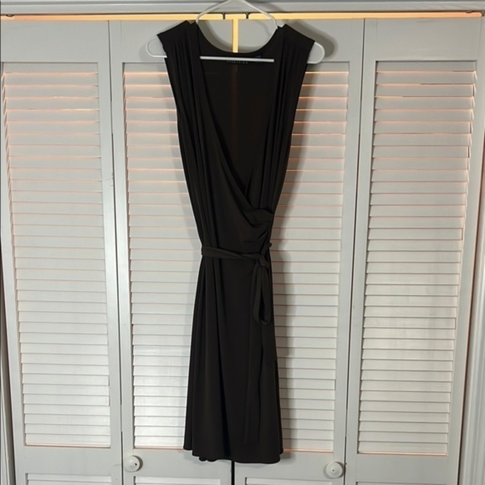 Attention Brown Sheath Dress Plunge Neckline Tie Front
